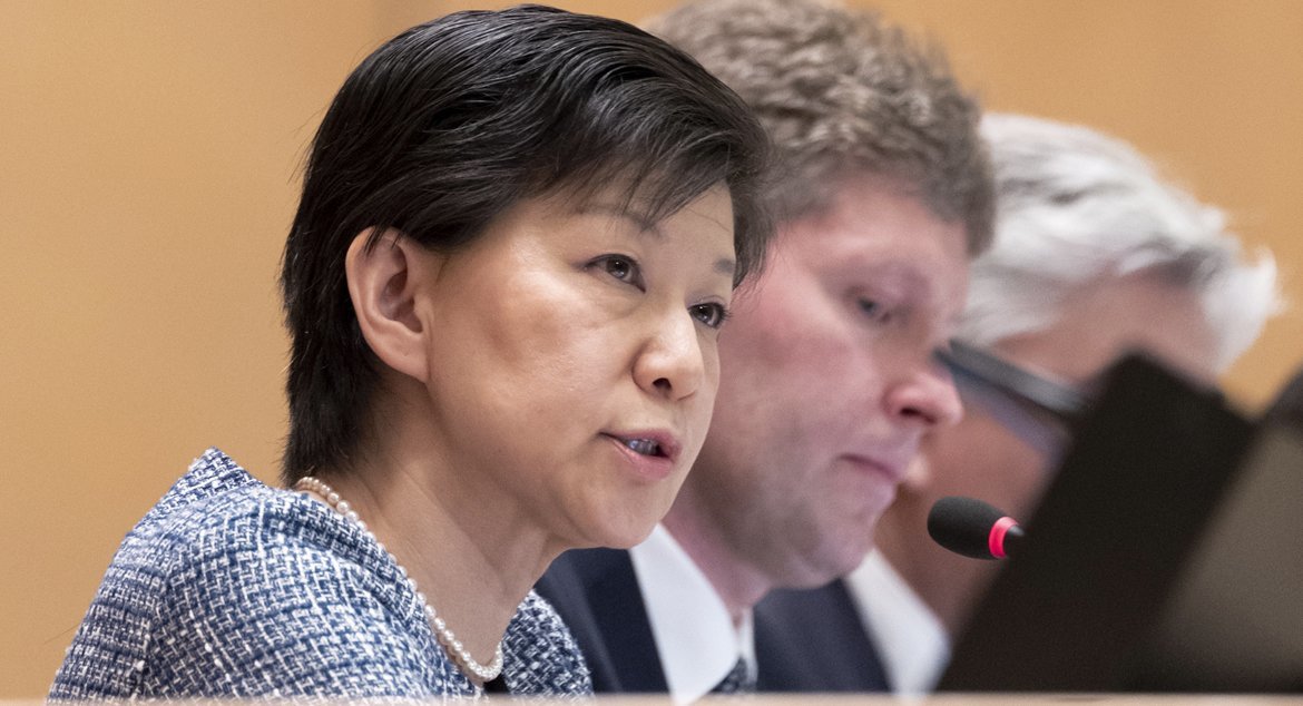 Izumi Nakamitsu, Haut-Représentante pour les affaires de désarmement de l’ONU, lors d'une réunion à Genève.