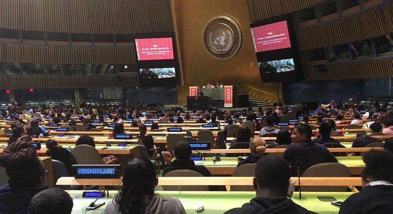 La videconferencia para jóvenes sobre esclavitud en la Asamblea General de las Naciones Unidas.