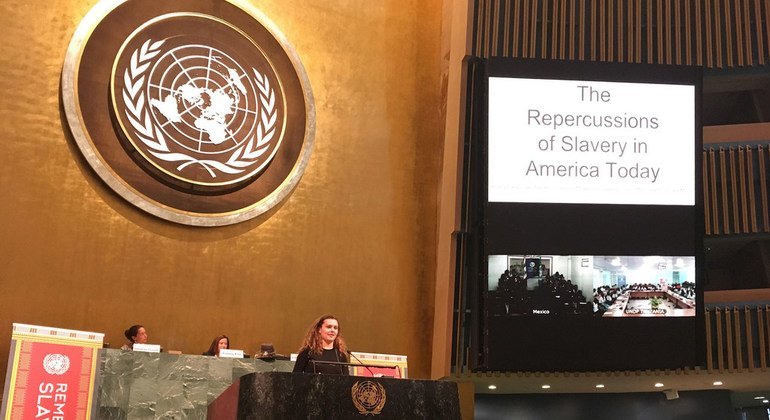 Las presentaciones de los estudiantes en la videoconferencia de las Naciones Unidas sobre esclavitud.