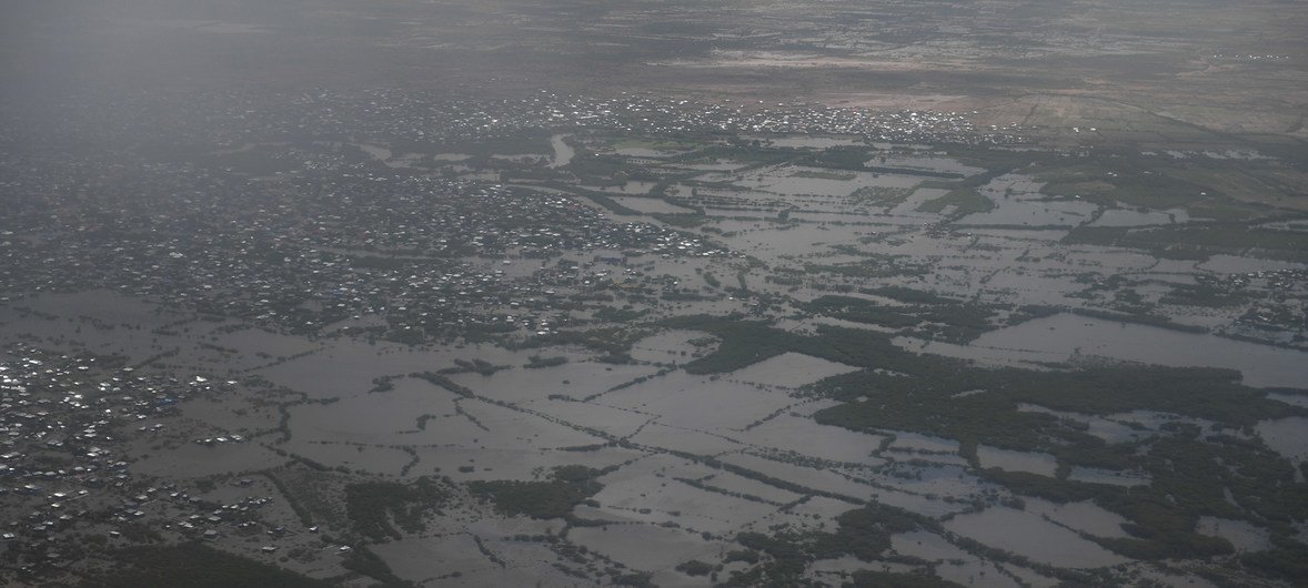 The town of Belet Weyne in the Hiraan region of Somalia as seen from the air submerged in flood waters from the Shabelle river on 30 April 2018. Belet Weyne is currently experiencing its worst flooding ever and over 150,000 people have been displaced.