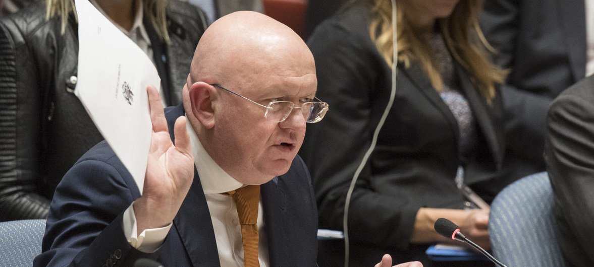 Le Représentant de la Russie auprès des Nations Unies, Nebenzia Vassily, lors d'une réunion du Conseil de sécurité sur l'affaire de Salisbury.