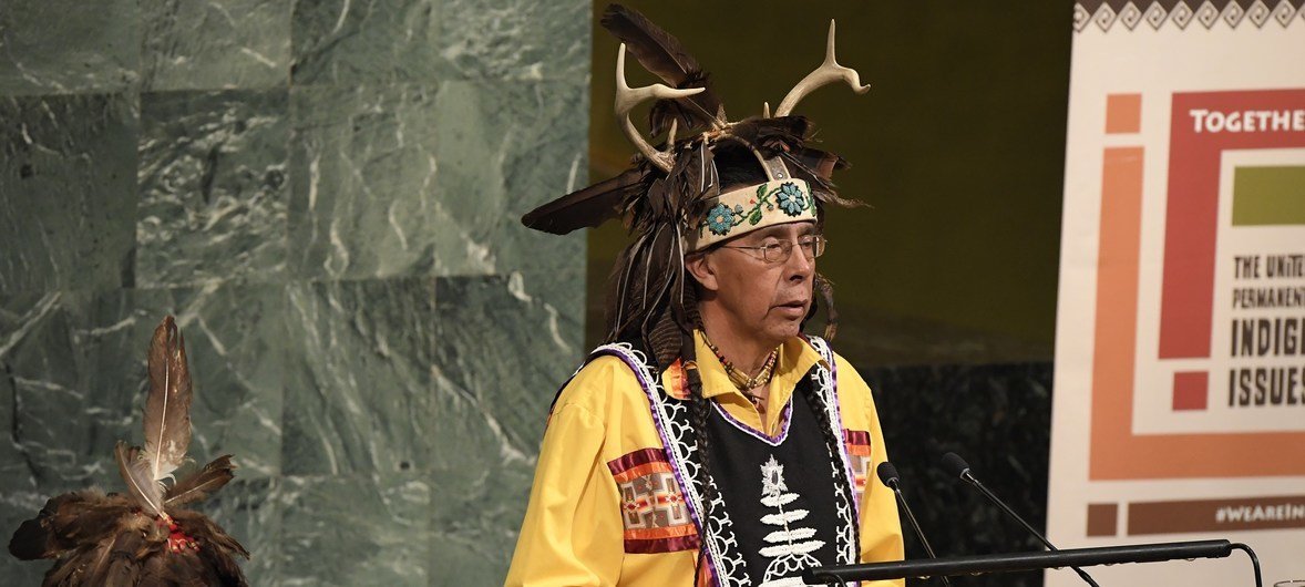 Tadodaho Sid Hill, Chief of the Onondaga Nation, delivers the ceremonial welcome at the opening of the seventeenth session of the UN Permanent Forum on Indigenous Issues.