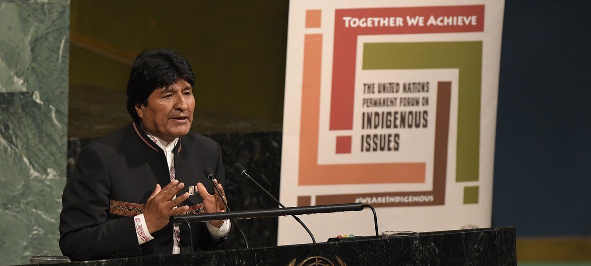 玻利维亚亚历史上首位土著印第安人总统莫拉莱斯在联合国土著问题常设论坛发言。