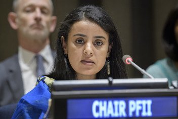 Mariam Wallet Aboubakrine, Chair of the United Nations Permanent Forum on Indigenous Issues (PFII), addresses the first informal interactive hearing of the UN Permanent Forum on Indigenous Issues on 17 April 2018 at United Nations Headquarters in New York
