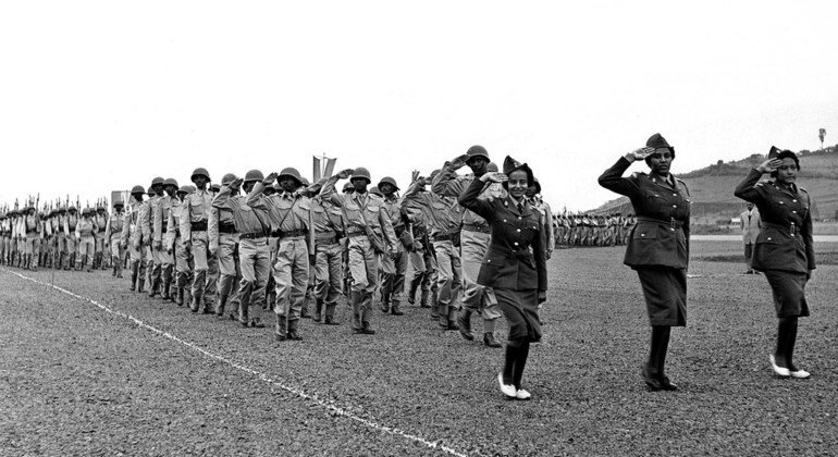 Ethiopia was among the countries that sent contingents after the Security Council authorized a UN military presence to help restore order and calm in the Republic of the Congo. Troops are seen here in Debre Zeit before departing for Congo in July 1960.