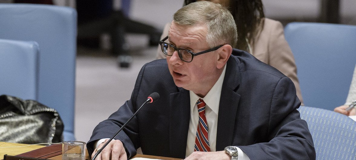 Alexander Zouev, Assistant Secretary-General for Rule of Law and Security Institutions for the Department of Peacekeeping Operations, addresses the Security Council meeting on the situation in Liberia.
