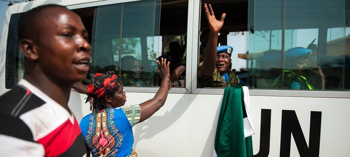The mandate of the UN Mission in Liberia (UNMIL) came to an end on 30 March, 2018.  Here, Nigerian peacekeepers serving with UNMIL depart for Roberts International Airport at the end of their deployment.