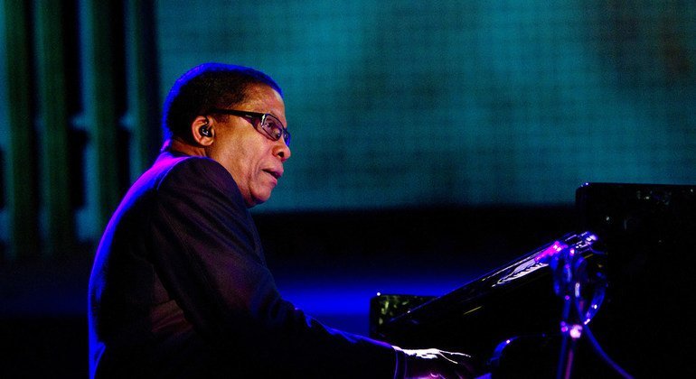 Multiple Grammy Award-winning jazz pianist and Goodwill Ambassador for the UN Educational, Scientific and Cultural Organization (UNESCO), Herbie Hancock, performs at the inaugural International Jazz Day Concert at UN Headquarters. (2012)