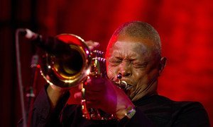 South African trumpeter Hugh Masekela performs at the inaugural International Jazz Day Concert at UN Headquarters in New York, on 30 April 2012.