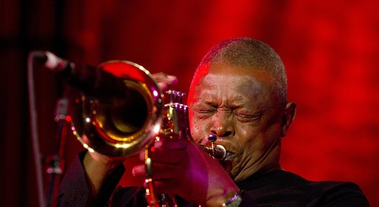 South African trumpeter Hugh Masekela performs at the inaugural International Jazz Day Concert at UN Headquarters in New York, on 30 April 2012.