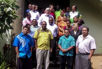 Participants at a workshop in Fiji who were trained on using the Sendai Framework Monitor tool.