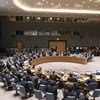 Staffan de Mistura (on screen), UN Special Envoy for Syria, briefs the emergency Security Council meeting following reports of a chemical weapons attack in Syria.