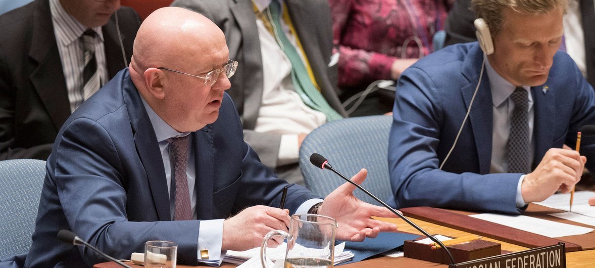 Ambassador Vassily Nebenzia of the Russian Federation addresses the Security Council meeting on the Salisbury incident in the United Kingdom.