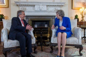 UN Secretary-General António Guterres meets with United Kingdom Prime Minister Theresa May in London on 2 May 2018.