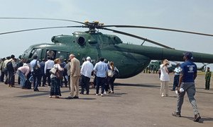 The UN Security Council delegation, on mission to Myanmar, prepares to board a helicopter to fly to Maungdaw from Sittwe airport.