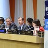 Marc Pecsteen de Buytswerve (2nd right), the Permanent Representative of Belgium to the UN and chair of the session, speaks at the plenary session during the ECOSOC Integration Segment. Also in the picture are Liu Zhenmin, Under-Secretary-General for Econ