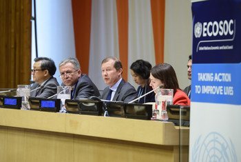 Marc Pecsteen de Buytswerve (2nd right), the Permanent Representative of Belgium to the UN and chair of the session, speaks at the plenary session during the ECOSOC Integration Segment. Also in the picture are Liu Zhenmin, Under-Secretary-General for Econ