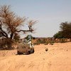 非洲联盟-联合国达尔富尔混合行动的维和人员在达尔富尔执行护送任务。