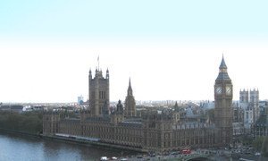 The Palace of Westminster and central London, as seen from across the River Thames.