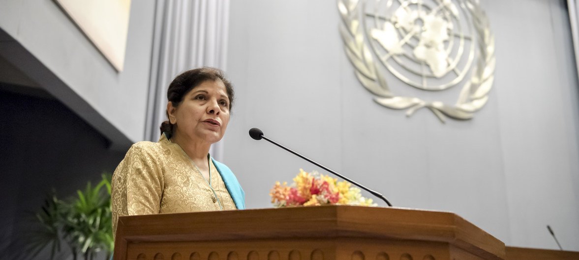 Shamshad Akhtar, the Executive Secretary of ESCAP, speaks at the 74th session of the Commission, held in Bangkok in May 2018.