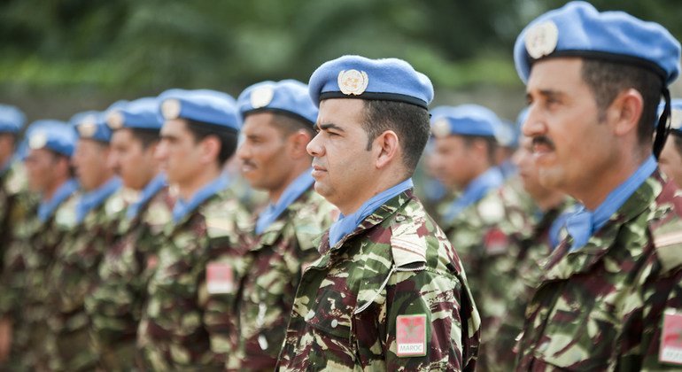 La unidad de guardia marroquí en la República Centroafricana durante una entrega de medallas en el campamento de Bagui, en agosto de 2014.