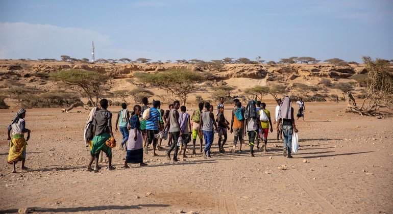 A group of Ethiopians arriving in Obock, Djibouti. From there, many take boats across the Gulf of Aden to Yemen.