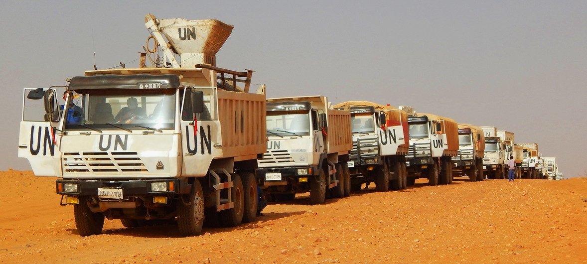 UN peacekeepers in March 2018 on their way to Golo, Central Darfur, to construct a new UNAMID temporary base 