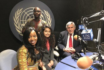 Special Envoy for Global Education Gordon Brown (right) and three Global Youth Ambassadors: (l to r) Ousmane Ba (Sierra Leone),  Asmita Ghimire (Nepal) and Lian Wairimu Kariuki (Kenya) (back), at UN News studio on the day of the launch of the International Finance Facility for Education. 11 May 2018