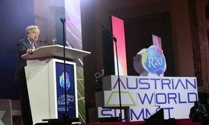 UN Secretary-General António Guterres addresses the Austrian World Summit at the Hofburg in Vienna.