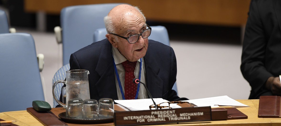Theodor Meron, President of the International Residual Mechanism for Criminal Tribunals, addresses the Security Council during a debate on the maintenance of international peace and security on 17 May 2018.