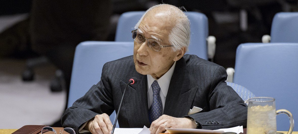 Hisashi Owada, Senior Judge and President Emeritus of the International Court of Justice, addresses the Security Council during a debate on the maintenance of international peace and security on 17 May 2018.