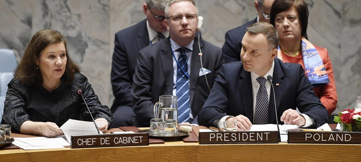 Andrzej Duda, the President of Poland, presides over a Security Council meeting on the maintenance of international peace and security as Maria Luiza Viotti, Chef de Cabinet, delivers a statement on behalf of UN Secretary‑General António Guterres on 17 May 2018.