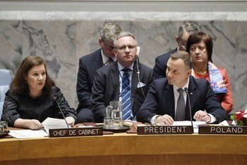 Президент Польши Анджей Дуда на заседании Совета Безопасности ООН, посвященном соблюдению норм международного права. 