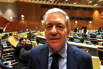 Former Israeli minister and peace process negotiator, Yossi Beilin, at a UN Forum on the Question of Palestine at UN Headquarters