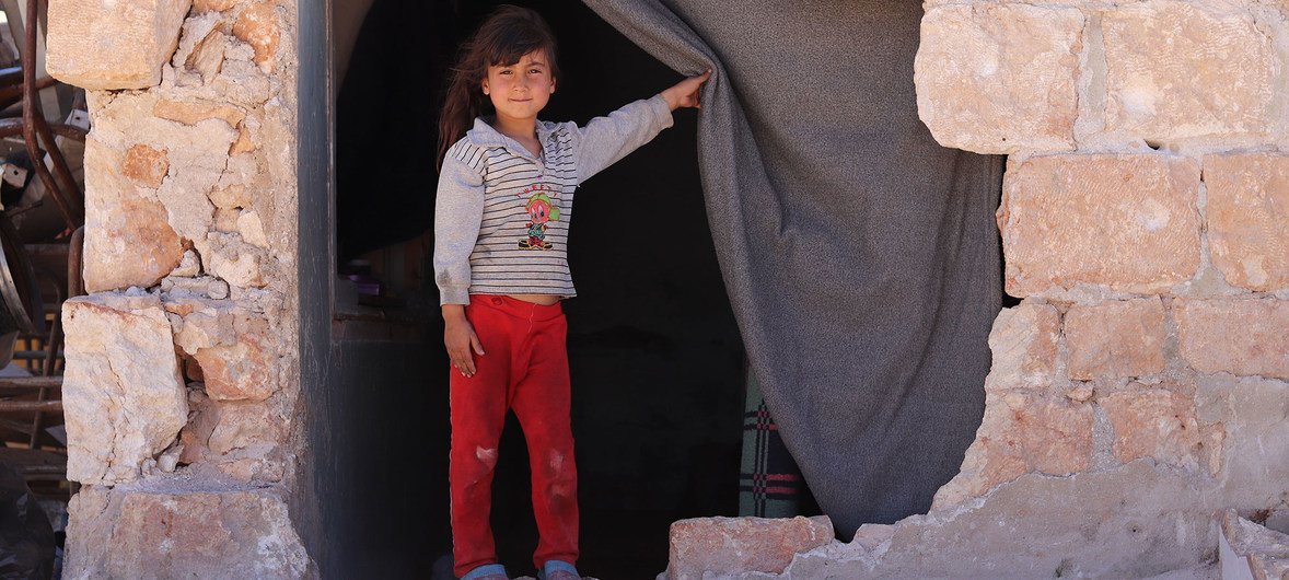 On 3 April 2018 in the Syrian Arab Republic, a child at a school-turned shelter in Zeyarah village, north of Aleppo city.