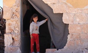 On 3 April 2018 in the Syrian Arab Republic, a child at a school-turned shelter in Zeyarah village, north of Aleppo city.