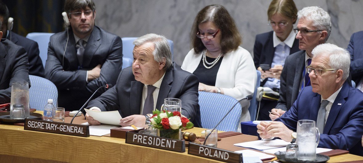 Secretary-General António Guterres addressing the UN Security Council open debate on ‘protection of civilians in armed conflict.’ Jacek Czaputowicz (right), Foreign Affairs Minister of Poland, chairs the meeting.