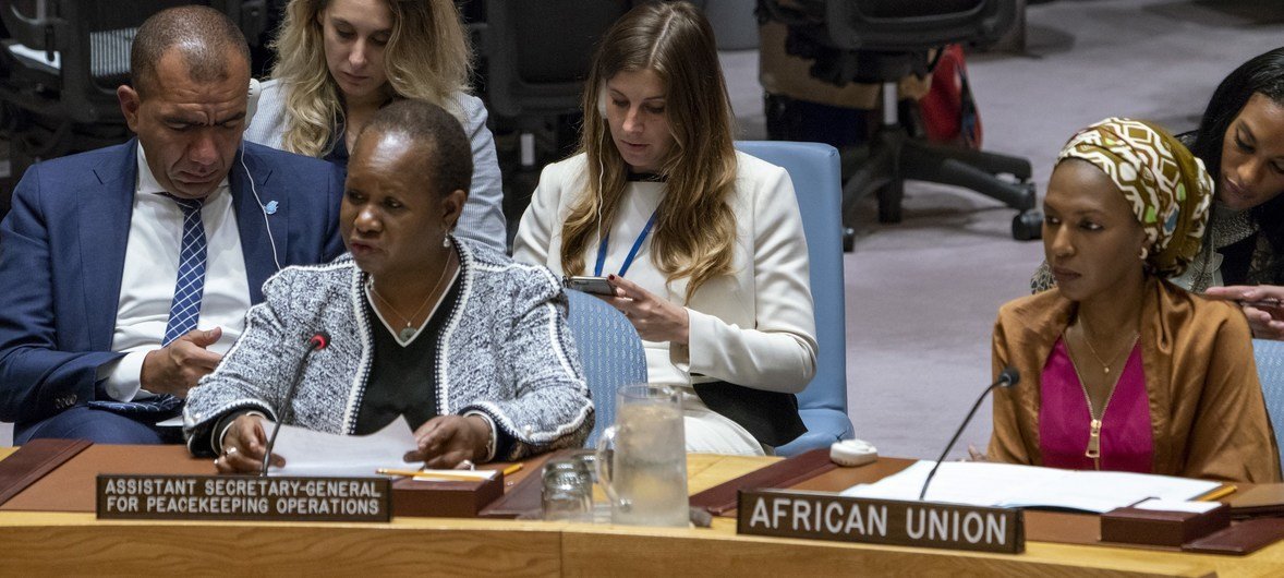 Bintou Keita, Assistant Secretary-General for Peacekeeping Operations (left), briefs the Security Council on the Joint Force of the Group of Five for the Sahel.