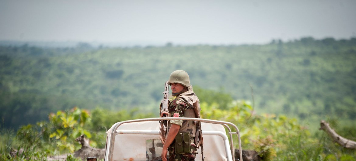 A Moroccan peacekeeper serving with MINUSCA is seen here escorting a UN delegation in Bambari, 400 kilometers north-east of the CAR capital, Bangui, in June 2014.