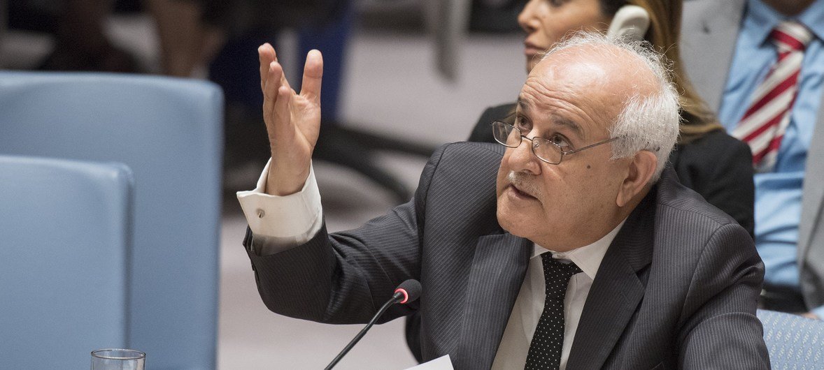 Riyad Mansour, Permanent Observer for the State of Palestine, addresses the Security Council on 15 May 2018.