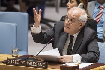 巴勒斯坦国常驻观察员曼苏尔在安理会表决后发言。