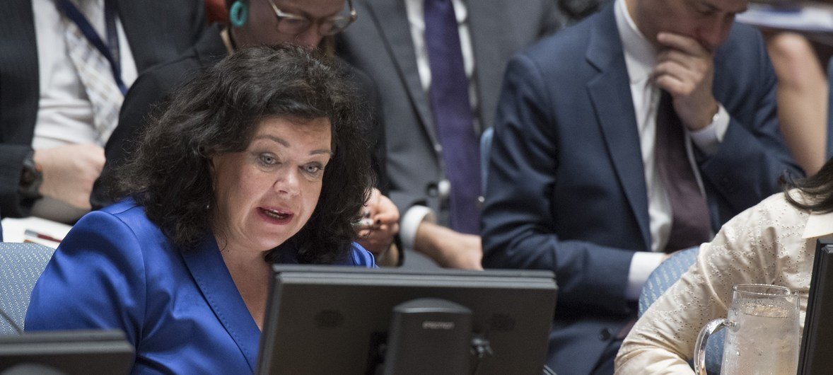 UK Ambassador Karen Pierce addresses the Security Council on 15 May 2018.