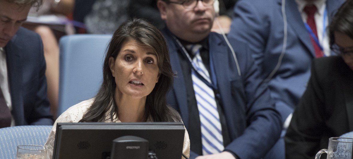 US Ambassador Nikki Haley addresses the Security Council on 15 May 2018.