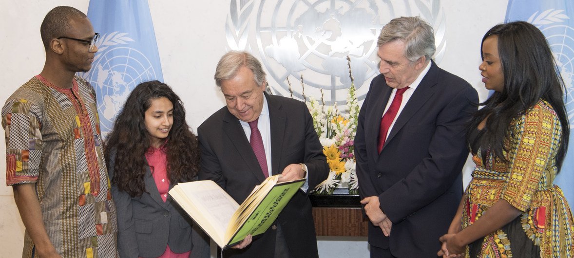 Secretary-General António Guterres (centre) attends the launch of the International Finance Facility for Education with Special Envoy for Global Education Gordon Brown (second from right) and three Global Youth Ambassadors: Lian Wairimu Kariuki (Kenya), A