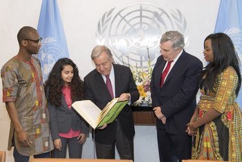 Secretary-General António Guterres (centre) attends the launch of the International Finance Facility for Education with Special Envoy for Global Education Gordon Brown (second from right) and three Global Youth Ambassadors: Lian Wairimu Kariuki (Kenya), Asmita Ghimire (Nepal), and Ousmane Ba (Sierra Leone). 