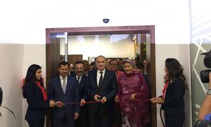 The UN Deputy Secretary-General, Amina Mohammed (right)  and Faruk Özlü (centre), Minister of Science, Industry and Technology of Turkey inaugurate the Technology Bank.