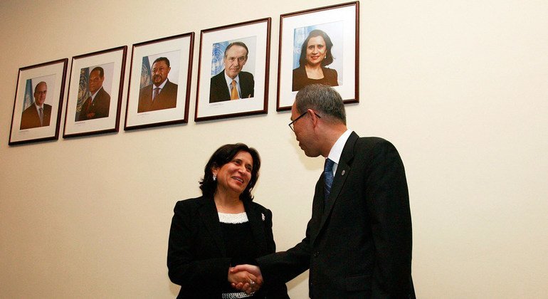 She was only the third woman in six decades to preside over the General Assembly. Here she is pictured at the end of her term with the then Secretary-General, Ban Ki-moon.