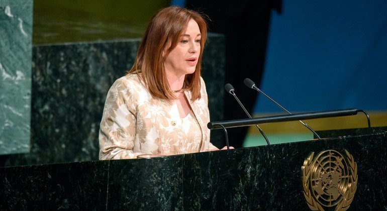 La canciller de Ecuador, María Fernanda, Espinosa, recién elegida como la próxima presidenta de la Asamblea General de la ONU, se dirige a los Estados miembro