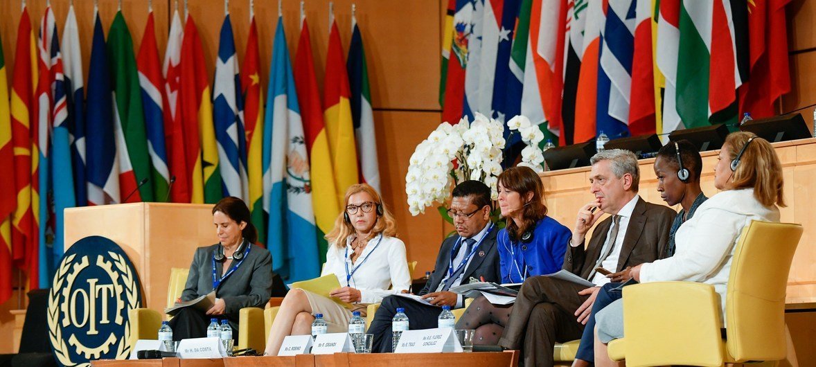 Panelists speak at the World of Work Summit held as part of the 107th Session of the International Labour Conference in Geneva, 7 June 2018.