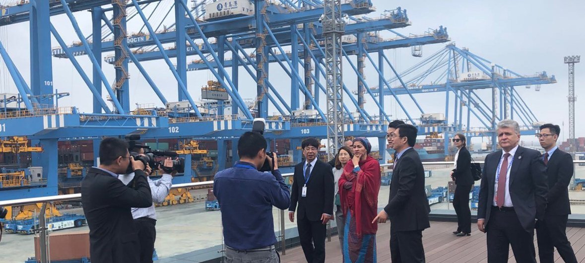 The UN Deputy Secretary-General, Amina Mohammed (centre) visits Qingdao Port in China
